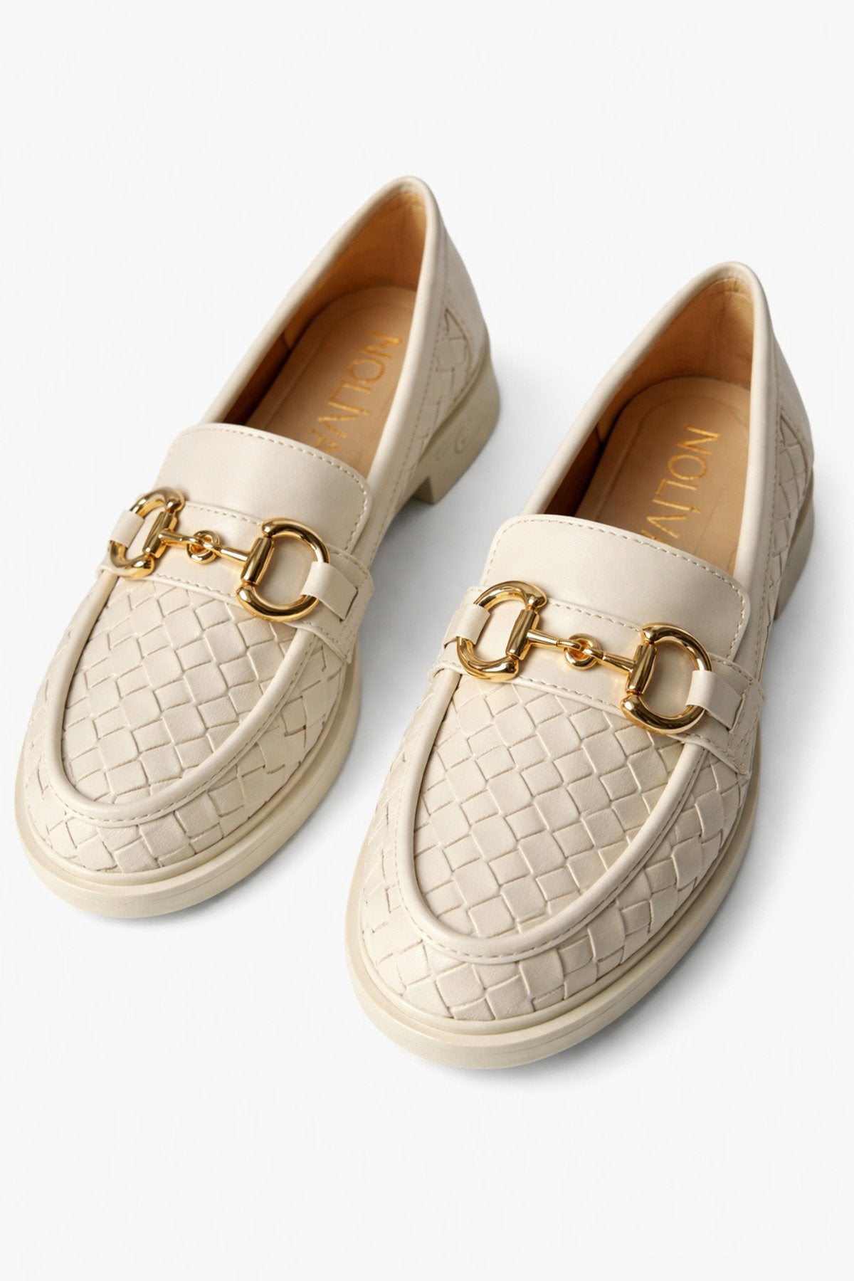 Kadın Örgü Desenli Gold Zincir Tokalı Kalın Tabanlı Loafer Ayakkabı