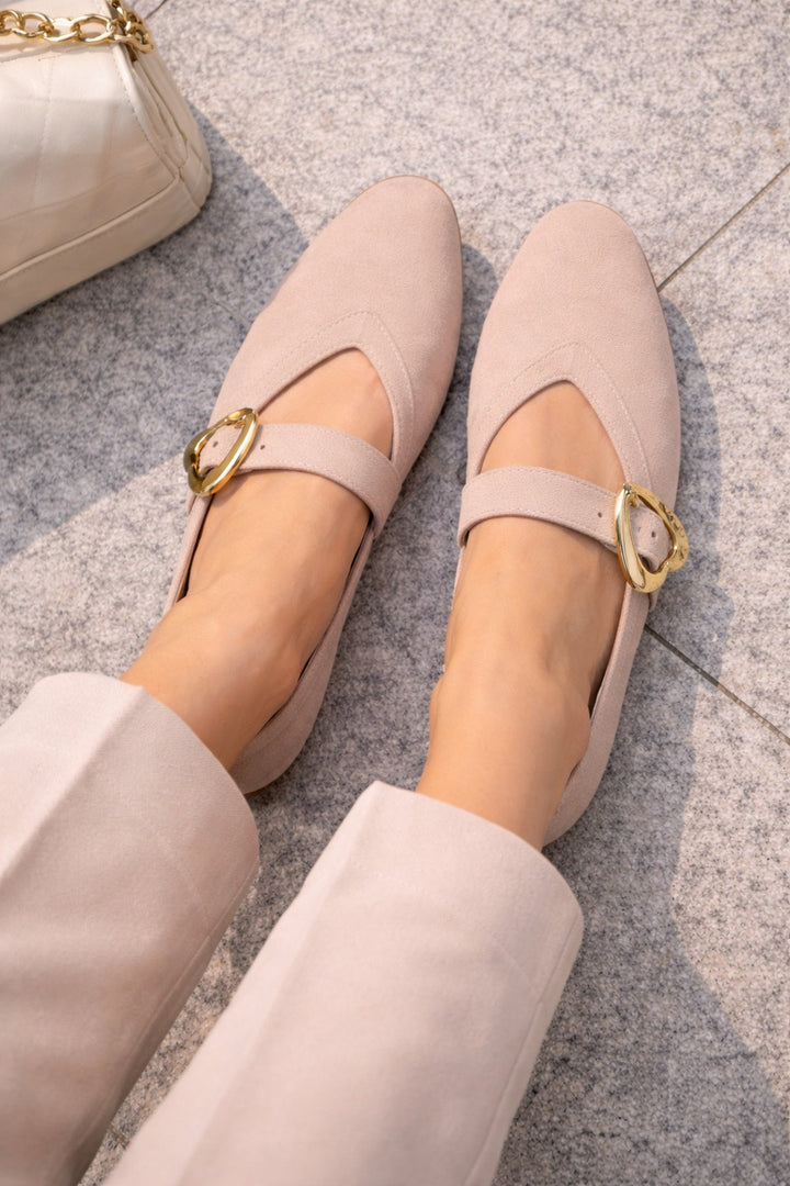 Kadın Bej Süet Kalp Tokalı Babet Günlük Şık Mary Jane Babet