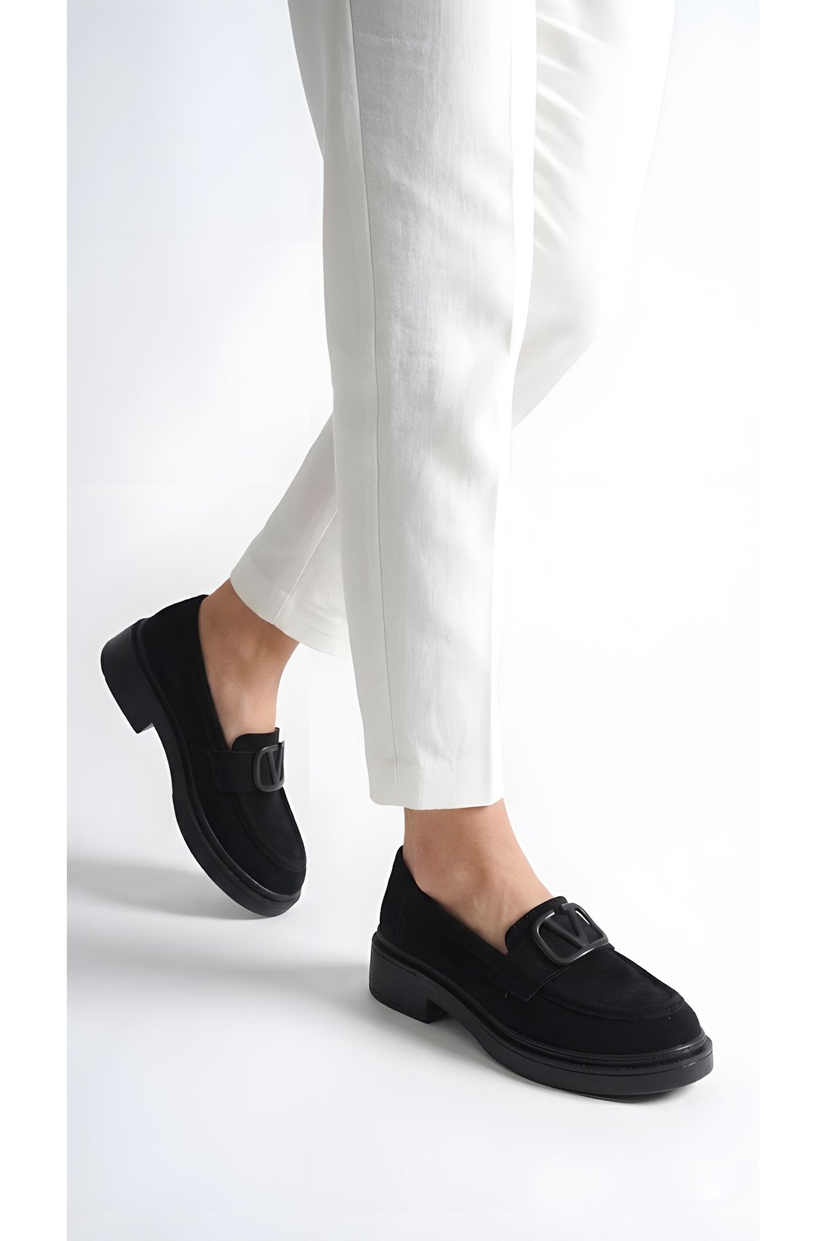 Kadın Siyah Süet Tokalı Loafer Günlük Rahat Taban Makosen Ayakkabı