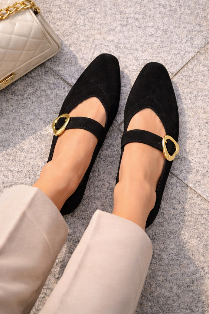 Kadın Siyah Süet Kalp Tokalı Babet Günlük Şık Mary Jane Babet