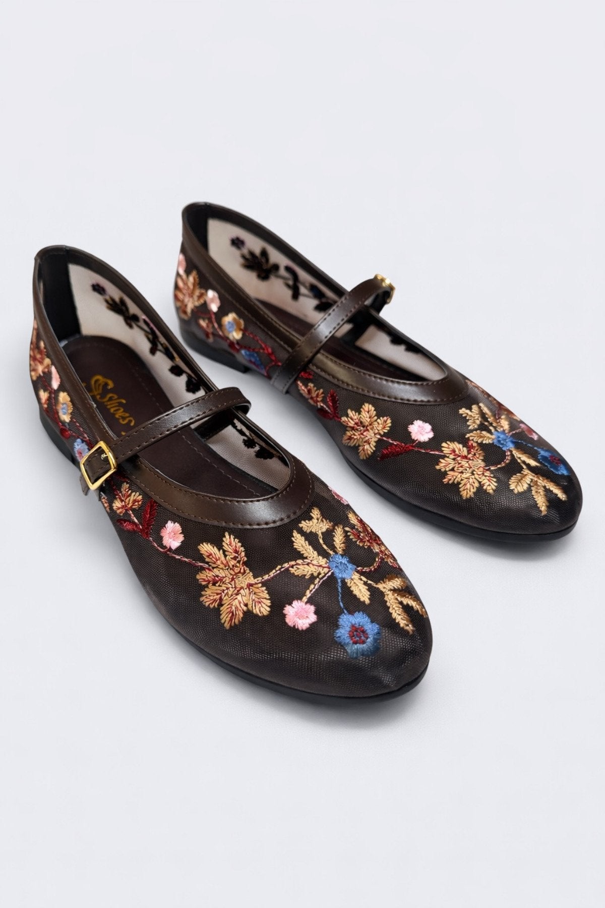 Kadın Kahve Çiçek Nakışlı Mary Jane Babet Günlük Rahat Babet Ayakkabı