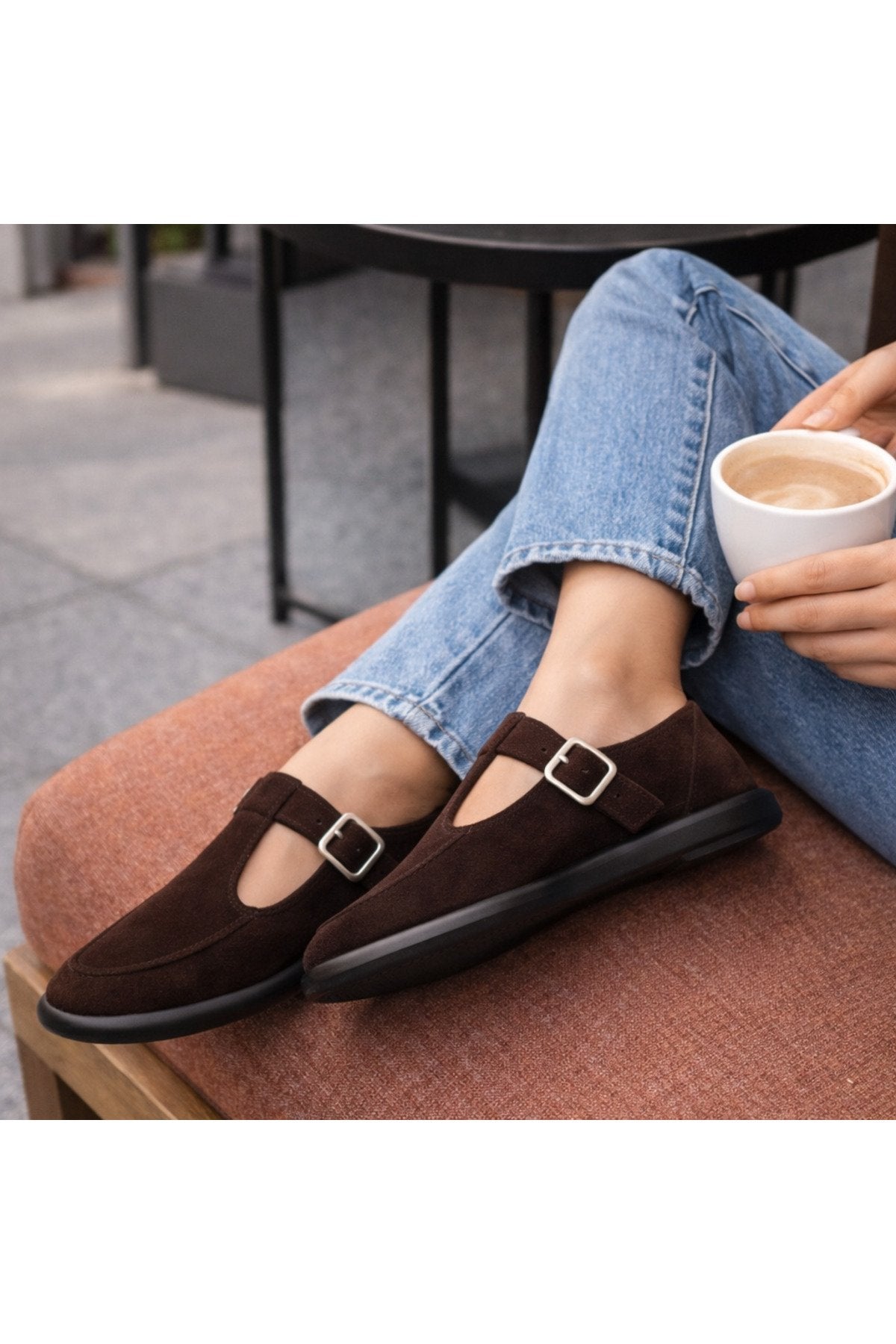 Kahverengi Süet Tokalı Kadın Babet Rahat Taban Günlük Mary Jane Kadın Ayakkabı