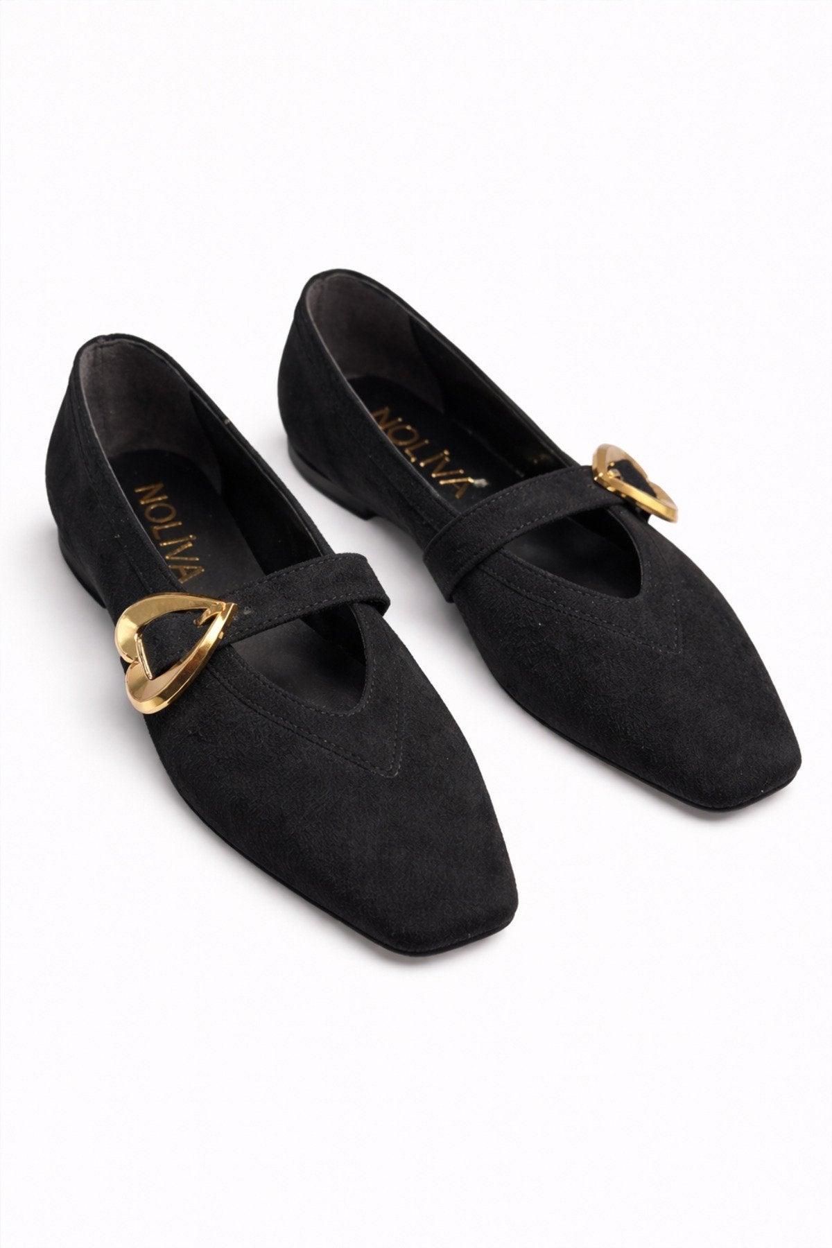 Kadın Siyah Süet Kalp Tokalı Babet Günlük Şık Mary Jane Babet