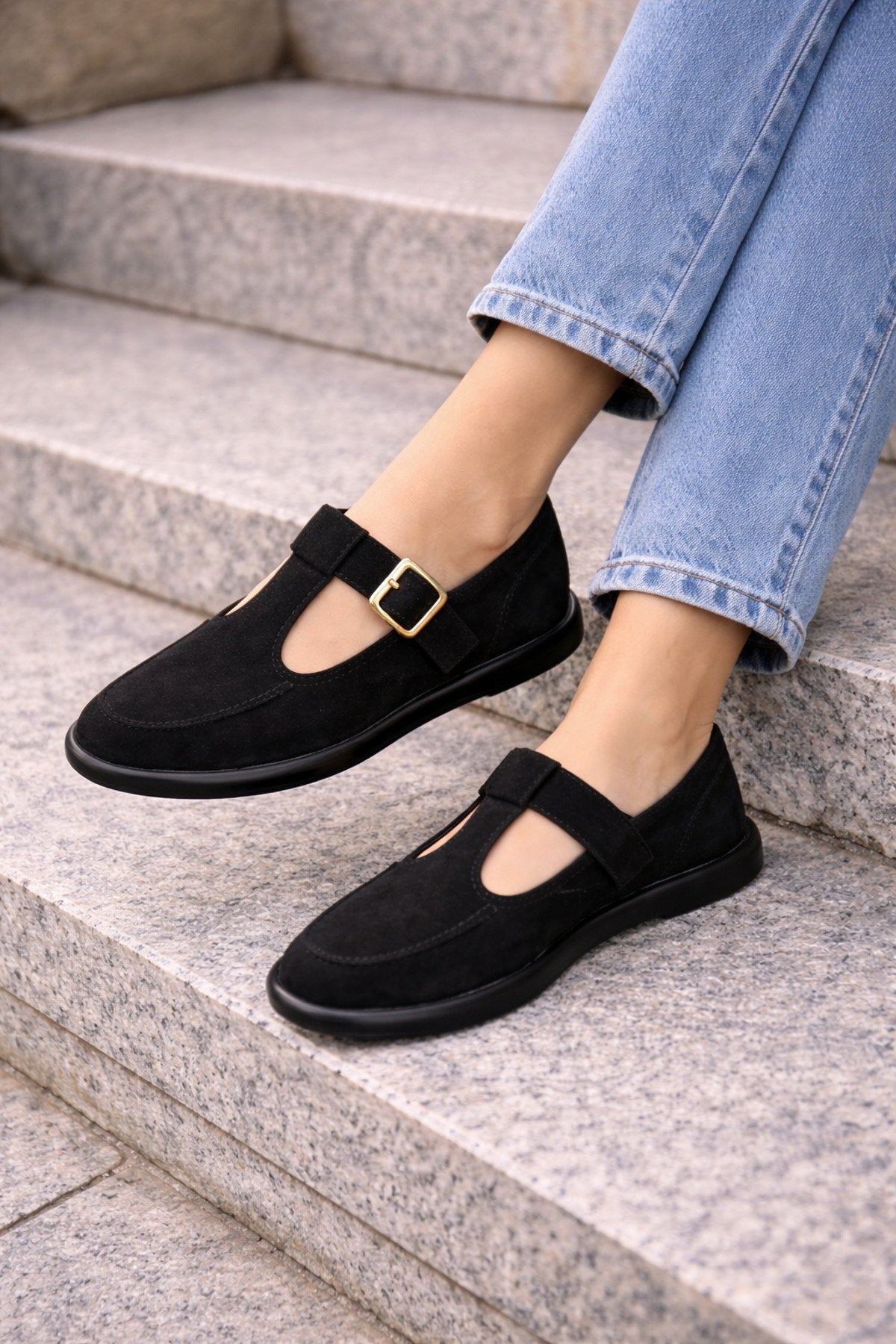 Siyah Süet Tokalı Kadın Babet Rahat Taban Günlük Mary Jane Kadın Ayakkabı
